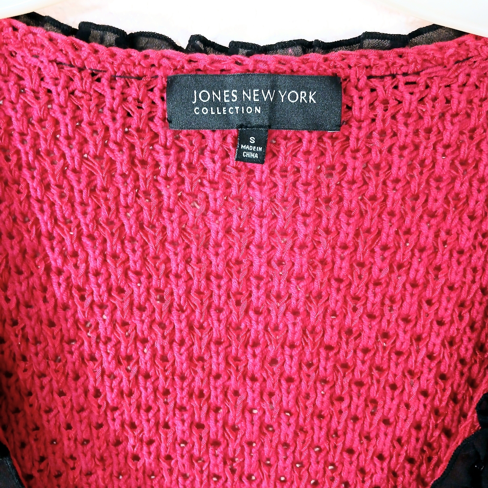 Jones New York Hot Pink with Black Beaded Trim Cardigan Sweater  Size S Stretchy - Picture 5 of 8